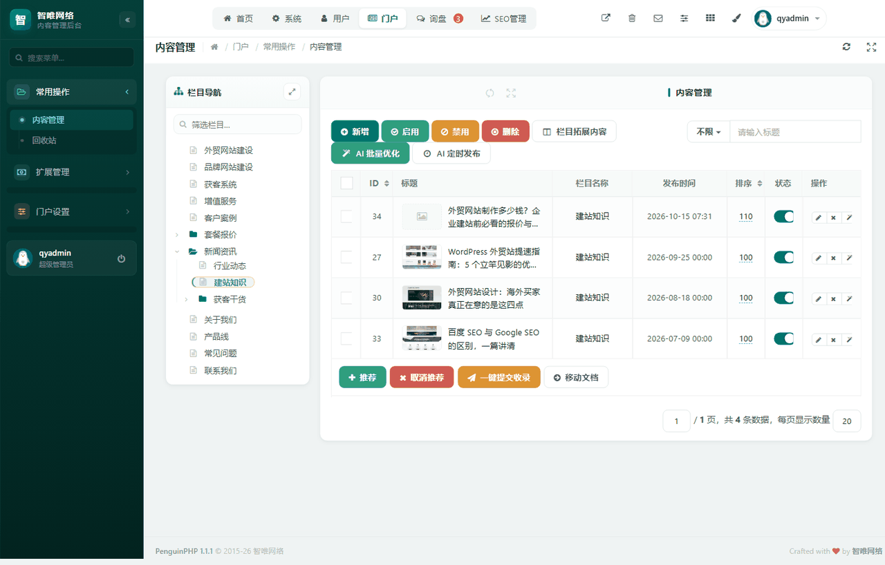 内容管理列表：栏目导航在左，工具栏有新增 / 启用 / 禁用 / 删除