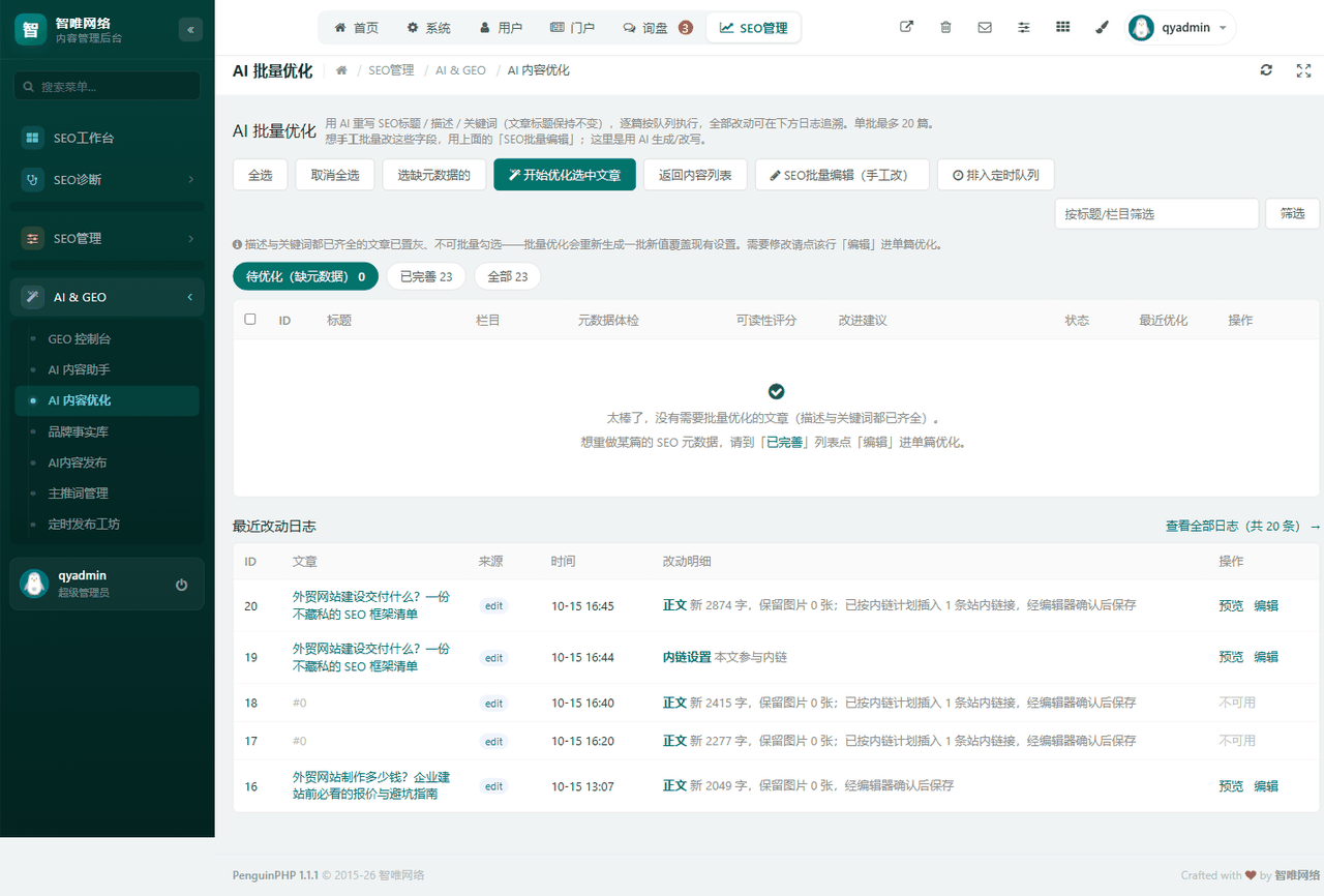 AI 批量优化里内置合规检查，发布前可先跑一遍