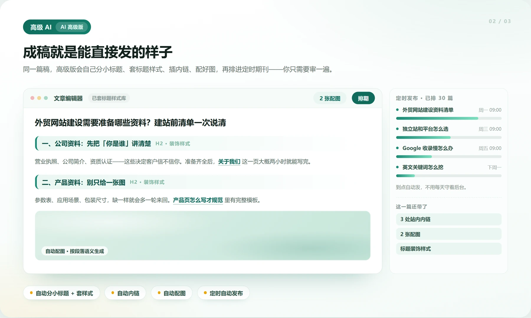 高级型 AI 效果示意：成稿带小标题、内链与配图，右侧是定时发布排期