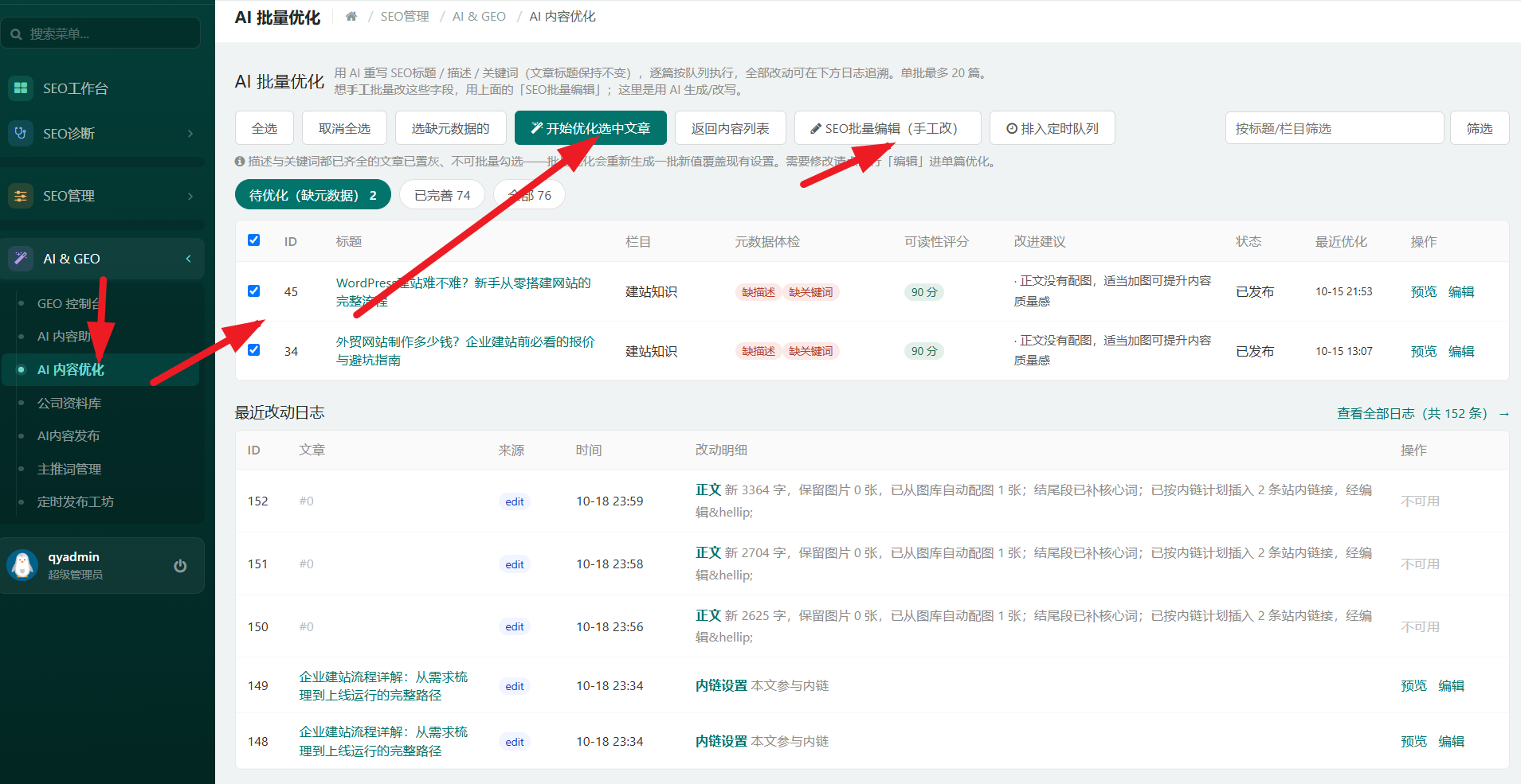 AI 内容优化（AI 批量优化）工作台：左侧菜单高亮「AI 内容优化」；顶部说明用 AI 重写 SEO 标题/描述/关键词、文章标题保持不变、逐篇按队列执行、单批最多 20 篇；按钮含全选、取消全选、选缺元数据的、开始优化选中文章、返回内容列表、SEO批量编辑（手工改）、排入定时队列；页签为待优化（缺元数据）2 / 已完善 74 / 全部 76；列表列含标题、栏目、元数据体检、可读性评分、改进建议、状态、最近优化；底部为最近改动日志