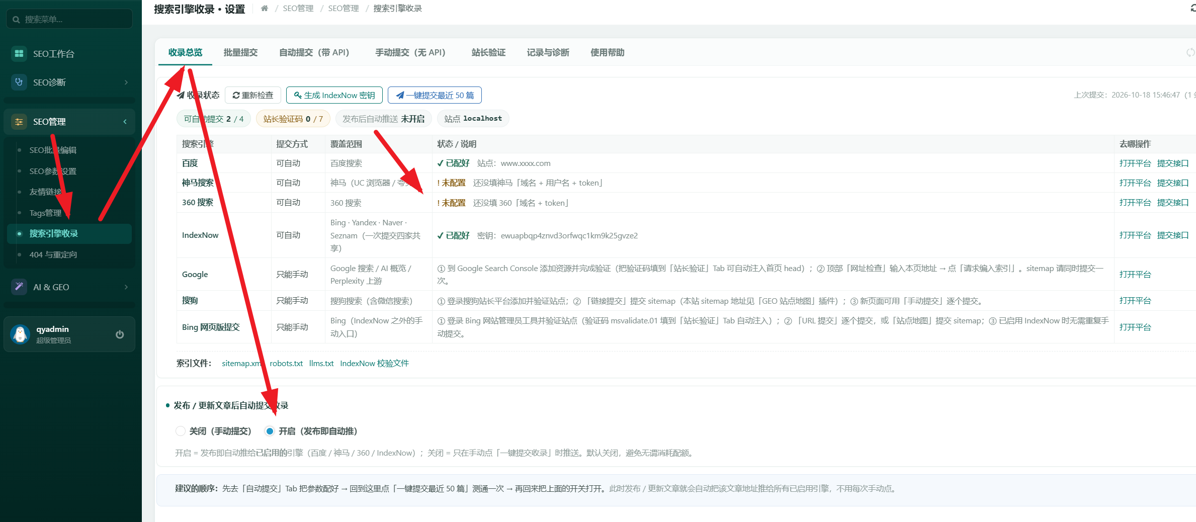 后台「搜索引擎收录 · 设置」页的收录总览页签：顶部一排页签为收录总览、批量提交、自动提交（带 API）、手动提交（无 API）、站长验证、记录与诊断、使用帮助；工具条有重新检查、生成 IndexNow 密钥、一键提交最近 50 篇三个按钮，右侧显示上次提交 2026-10-18 15:46:47（1 条）；状态摘要为可自动提交 2/4、站长验证码 0/7、发布后自动推送未开启、站点 localhost:8010；下方是七个引擎的状态总表，百度与神马显示已配好，360、IndexNow 显示已配好，Google、搜狗、Bing 网页版标注只能手动；最下方是索引文件链接与发布后自动提交开关